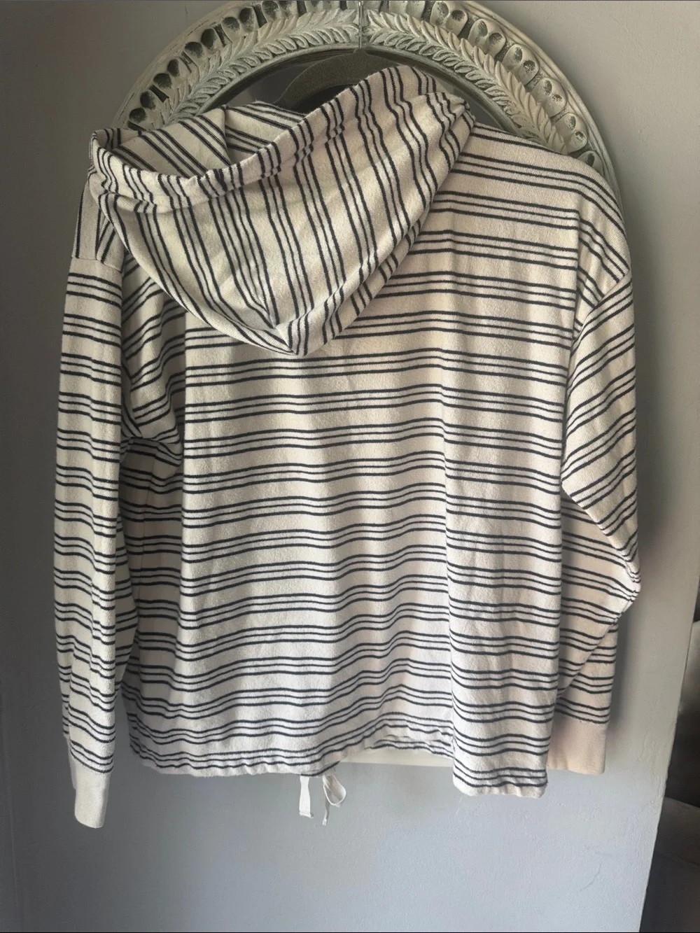 J. Crew Cream and Black Striped Crewneck Drawstring Hoodie Sweater